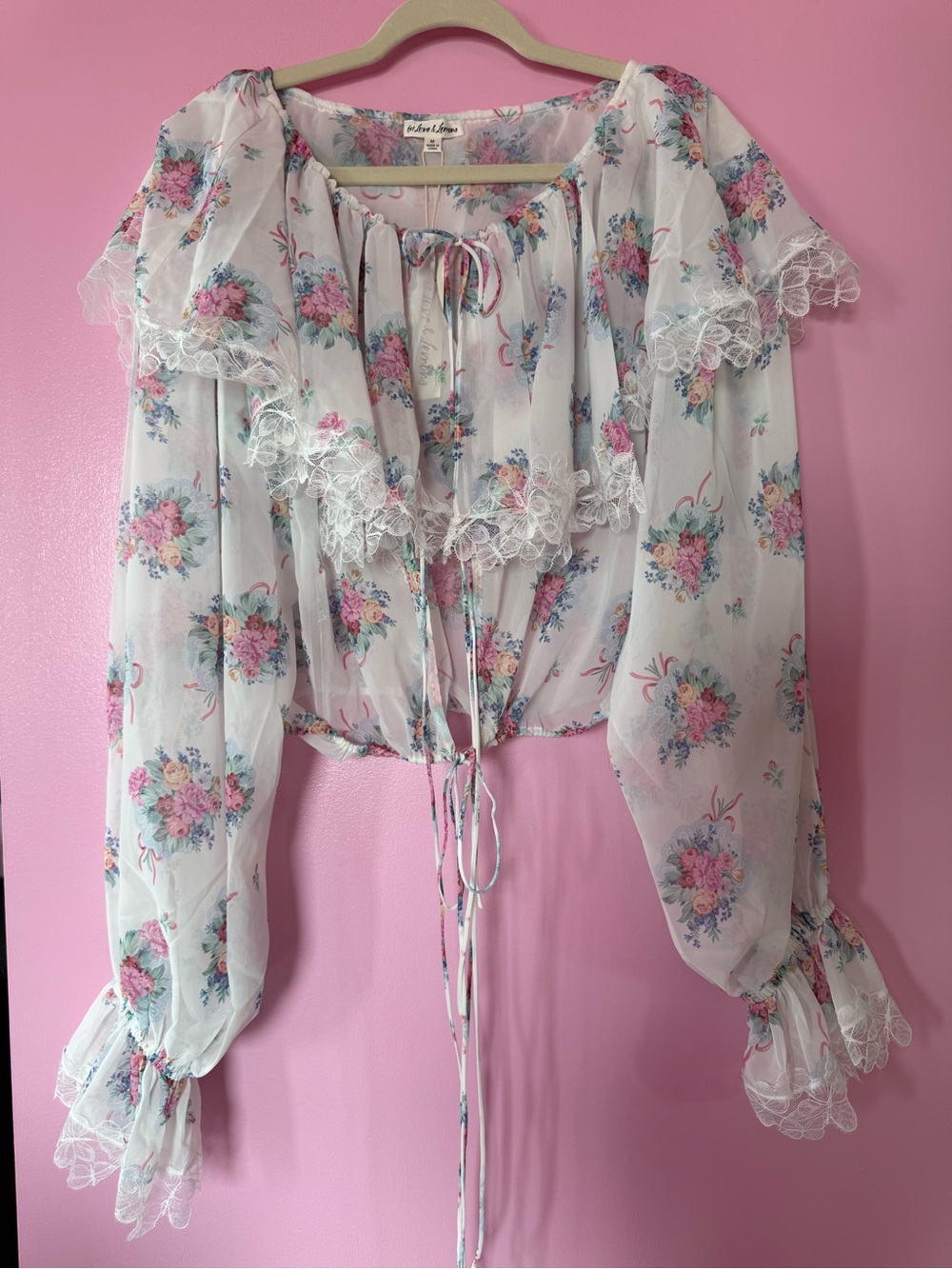 For Love & Lemons NWT Floral Lace Sheer Tie Front Blouse Romantic Cottagecore M